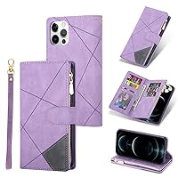 UEEBAI Wallet Case for iPhone 12 Pro Max 6.7 inch, Vintage Premium PU Leather Cover Flip Case with Card Slots Magnetic Closure Zipper Pocket Kickstand Handbag with Hand Strap - Diamond Purple