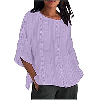 Linen Tops for Women 2024 Summer Oversized Short Sleeve Tee Loose Casual Crewneck Blouse Side Split Shirt Basic Ladies Tshirt