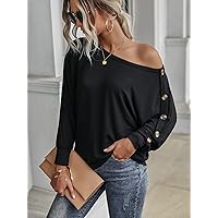 T-Shirt for Women 2023 T-Shirt Button Detail Batwing Sleeve Tee (Color : Black, Size : X-Large)
