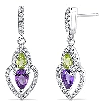 Peora Amethyst and Peridot Dangle Earrings in Sterling Silver, Teardrop Halo, Pear Shape, 1 Carat Total, Friction Backs