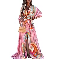 Summer Dress for Women Wrap V Neck Maxi Dress 3/4 Sleeve Print Belted Boho Flowy Loose Kimono Slit Long Dresses