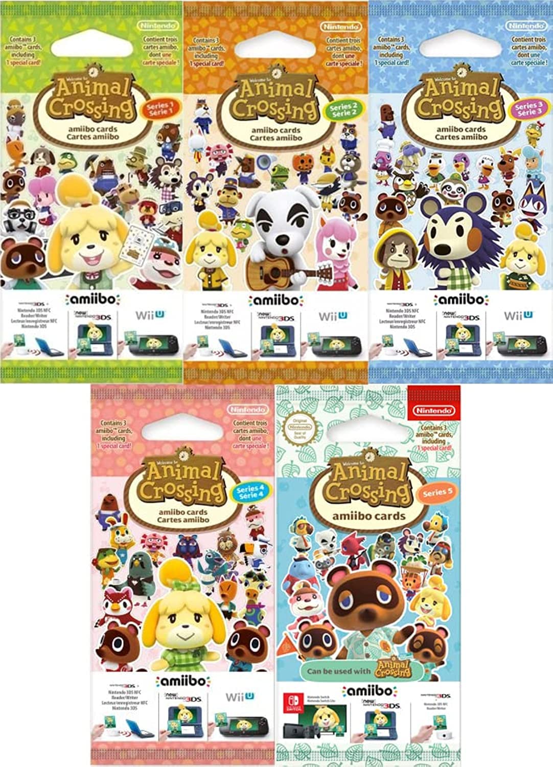 Video Game Nintendo Animal Crossing Amiibo Cards - Series 1, 2, 3, 4 and 5 - 5 Pack - 15 Cards Total
