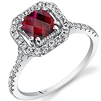 PEORA Created Ruby Ring for Women 14K White Gold with Genuine White Topaz, 1 Carat Cushion Cut 6mm, Halo Design, Sizes 5 to 9
