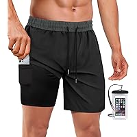Mens Swim Trunks with Compression Liner Quick Dry Swimsuit 7 inch Inseam Swimming Shorts with Zipper Pockets