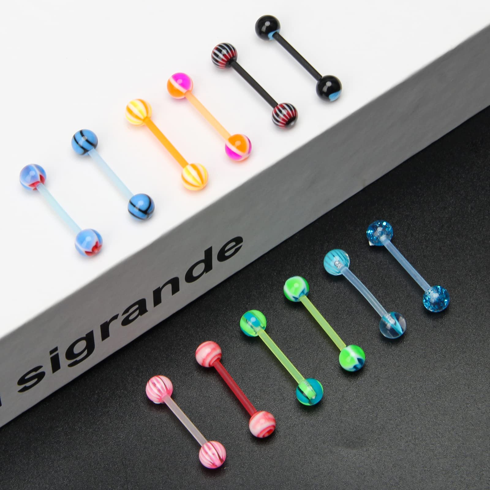 CrazyPiercing 100Pcs 14G Acrylic Tongue Rings, Multi Color Assortment Flexible Tongue Rings Barbells Mix Piercing