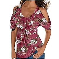 Women Cold Shoulder Floral Babydoll Tops Summer Short Sleeve Crew Neck Cute Shirts Fashion Casual Loose Fit Blouses