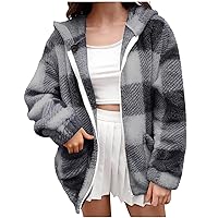 Lenago Plaid Shacket Jacket Women Boyfriend Long Sleeve Button Down Shirts 2023 Lapel Casual Fuzzy Fleece Cardigan Coats