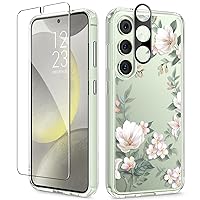 GVIEWIN for Samsung Galaxy S24 Plus Case with Screen Protector+Camera Lens Protector, Clear Stylish Floral Pattern Slim Protective S24+ Plus Cover for Women 6.7