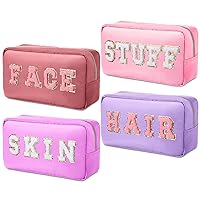 Remerry 4 Pcs Nylon Cosmetic Bag Chenille Letter Cosmetic Pouch Zipper Preppy Makeup Bag Waterproof Hair Bag with Patches Makeup Organizer Bag Set for Women (Pink Gradient, Stuff, Face)