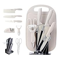 -cute knife set includes 3 kitchen knives, ceramic peeler and multipurpose scissor, dishwasher safe, good for beginners (Beige)