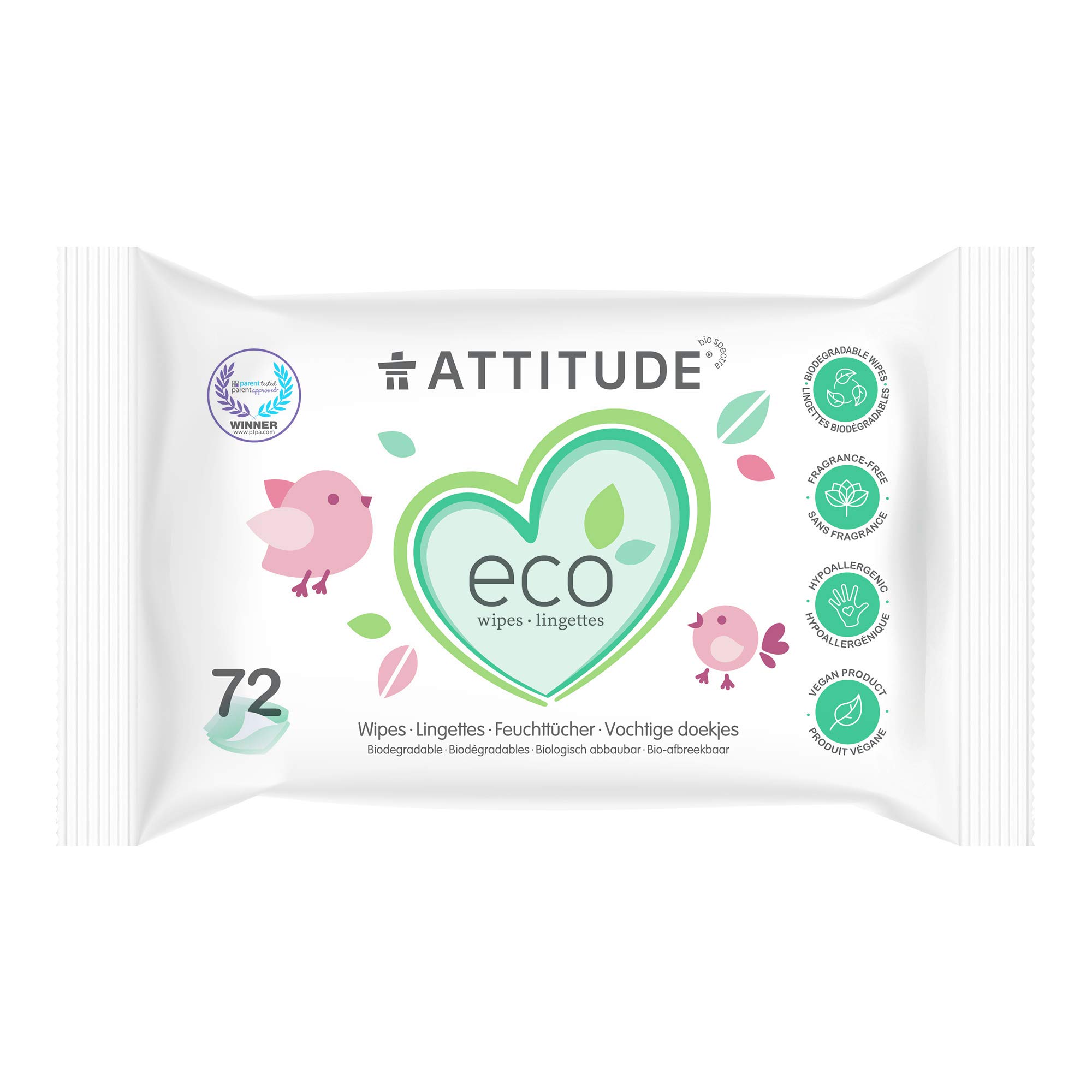 ATTITUDE Biodegradable Baby Wipes for Sensitive Skin, Plant-Based & Hypoallergenic, Free of phenoxyethanol, Fragrance-Free, 72 Count