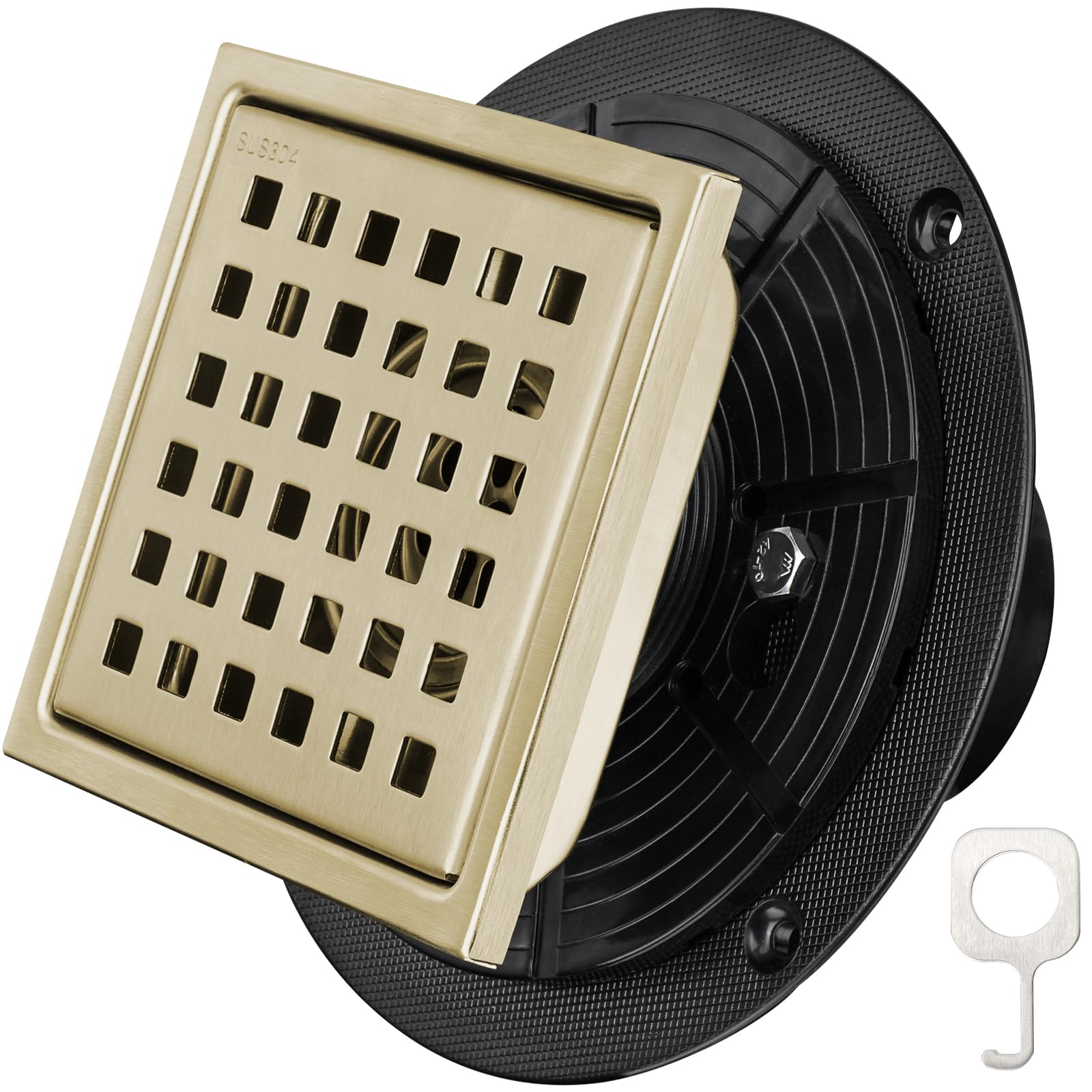 TICONN 4'' Square Floor Shower Drain, Lattice Square Perforated Pattern Easy Cleaning Removable Grate, Rustproof SUS 304 Stainless Steel (Brushed Gold, 4'')