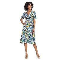 Maggy London Women's Short Puff Sleeve Dress with Pleated V-Neck and Gathered Waistband Details