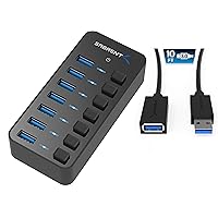 7 Port USB 3.0 Hub with Individual Power Switches and LEDs Includes 36W 12V/3A Power Adapter + USB 3.0 Extension Cable A Male to A Female [Black] 10 Feet