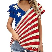 Patriotic Shirts for Women American Flag T-Shirt Summer V Neck Ruffle Sleeve Tops USA Flag Stars Stripes Graphic Tee