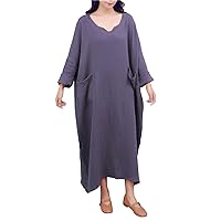 Women's Casual Loose Plus Size Cotton Linen Maxi Dress with Pockets