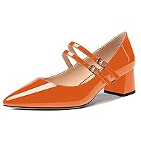 Womens Pointed Toe Patent Mary Jane Cute Buckle Adjustable Strap Chunky Low Heel Pumps Shoes 2 Inch
