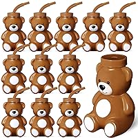 12 Pieces Bear Cups with Straws and Lids Birthday Party Favor Gift Supplies 10 oz Plastic Bear Shape Cup Reusable Creative Cups Bulk for Baby Shower Kids Birthday Wedding Party Favors(Brown)