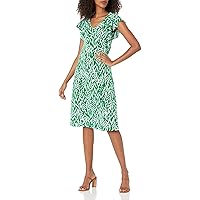 London Times Women's Leaf Print V-Neck Ruffle Sleeve Dress, Green/Soft White, 6