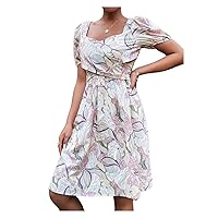 Summer Dress for Women Allover Floral Print Sweetheart Neck Puff Sleeve A-Line Dresses