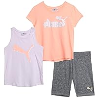 PUMA Girls' Active Shorts Set - 3 Piece Performance T-Shirt, Tank Top, Bike Shorts - Summer Athletic Outfit for Girls (S-XL)