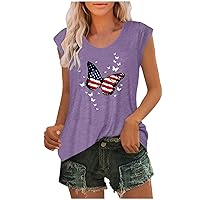 Cap Sleeve Patriotic T-Shirts Women Funny USA Flag Butterfly T-Shirts 4th of July Tee Summer Casual Crewneck Blouses