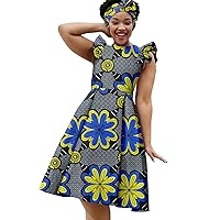 African Dresses for Women Dashiki Summer Women Knee-Length Causal Cotton A-line Print Dress with Turban Headtie