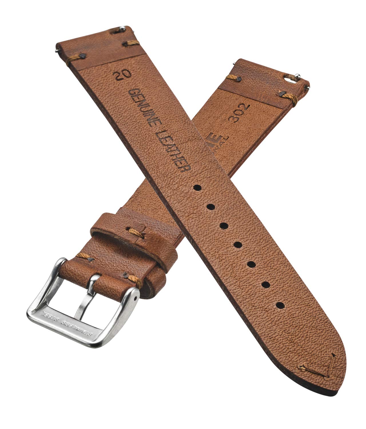 ALPINE Hand Made Genuine Vintage Leather Watch Strap with Quick Release Steel Spring Bars - Black, Brown, Grey, Blue and Tan in Sizes 18mm, 20mm, 22mm, 24mm (fits Wrist Size 6 1/4 inch to 8 inch)