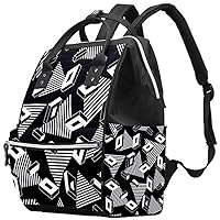 Black and White Retro Geometric Shapes Pattern Diaper Bag Travel Mom Bags Nappy Backpack Large Capacity for Baby Care