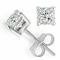4Ct Princess Cut VVS1/D Diamond Solitaire Stud Earrings In 14K White Gold Plated