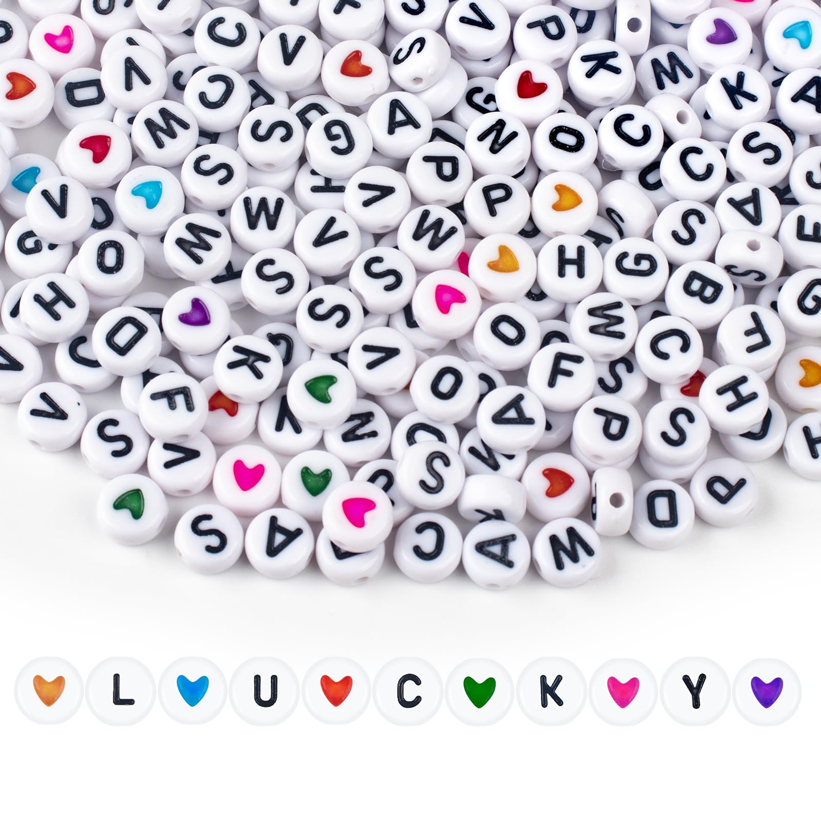 SUTOUG 1000PCS Colourful Letter Beads for Threading, 4 x 7 MM, A-Z White Letter Beads and Colourful Heart Beads, Acrylic Round Beads for Jewellery DIY Making Crafts Bracelets Necklaces Ornaments Penda