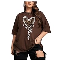 WDIRARA Women's Plus Size Letter Heart Graphic Print T Shirt Round Neck Half Sleeve Tee Top