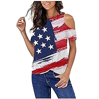 Cold Shoulder Tops for Women American Flag Short Sleeve Cut Out Off The Shoulder Blouse 4th of July Patriotic Shirts