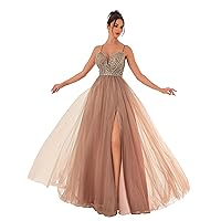 Women's Formal Deep-V Neck Tulle Long Prom Gown, Sequin Spaghetti Straps Lace-up Homecoming Dress