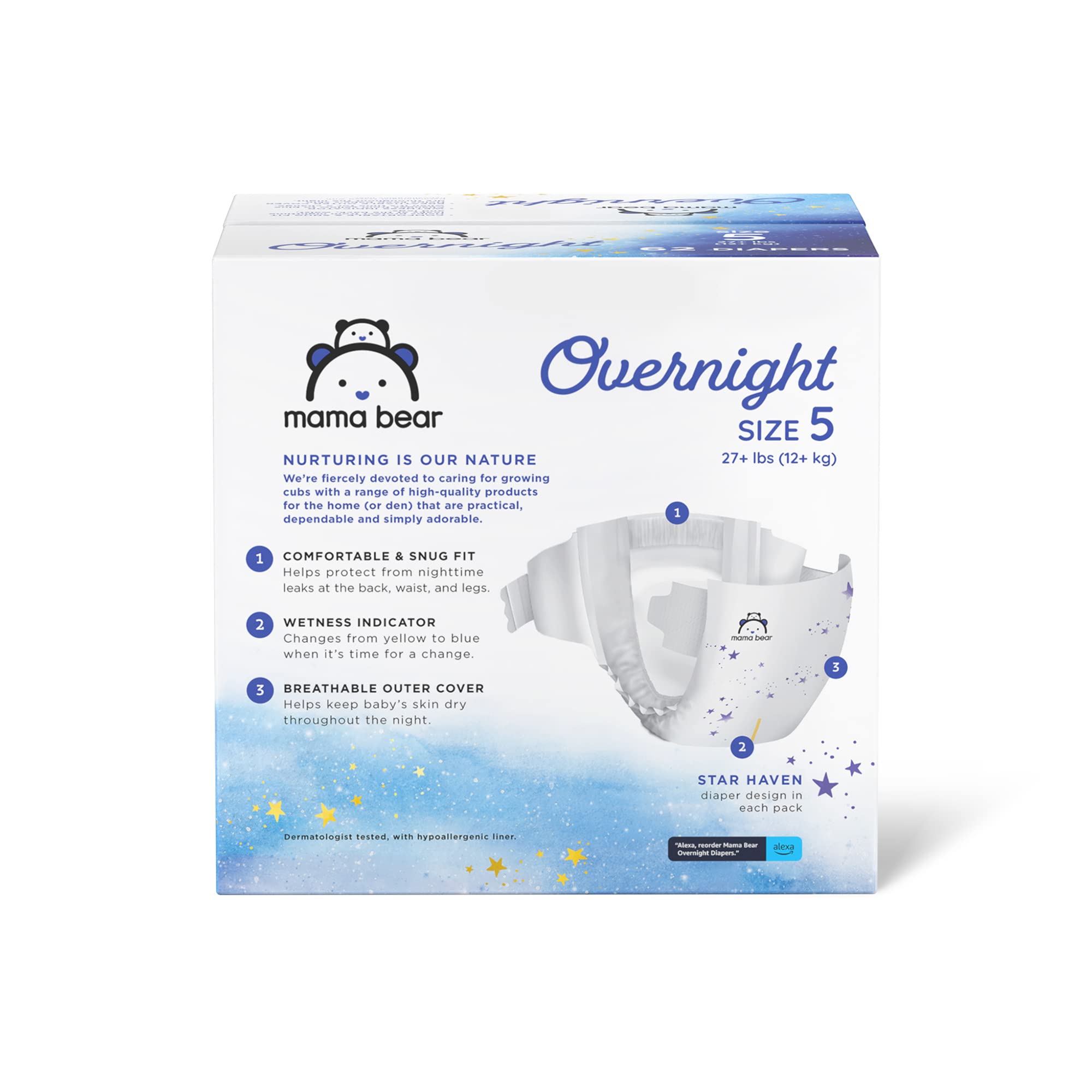 Amazon Brand - Mama Bear Overnight Diapers, Hypoallergenic, Size 5 (62 count)