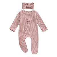 MoZiKQin Newborn Baby Girl Ruffle Romper Knit Sweater Onesie Jumpsuit Long Sleeve Zipper Footies Solid Fall Winter Outfits (Texture Pink,Newborn)