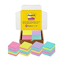 Post-it Super Sticky Notes, 3x3 in, 24 Pads/Pack, 70 Sheets/Pad, Amazon Exclusive Bright Color Collection, Aqua Splash, Acid Lime, Tropical Pink and Iris Infusion