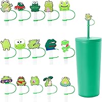 Green Frog Drinking Straw Topper Cover（15 PCS）6-8 mm Silicone Cute Straw Tip Covers Splash Proof Reusable Dust Proof Aesthetic Cup Accessories Straw Cover Party Supplies for Kds Teens