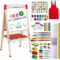 Blue Squid Art Easel for Kids Including 100+ Accessories - Double Sided Adjustable Wooden Painting Easel with Magnetic Chalk Board, White Board and Paper Roll for Toddlers Ages 3,4,5,6,7,8,9,10,12