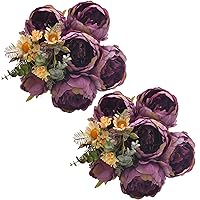 Artificial Peony Flowers 2 Bundles Peony Fake Flowers Faux Silk Peonies with Daisy and Eucalyptus Flower Bouquets for Wedding Home Party Decor Floral Arrangements, Plum Purple X2