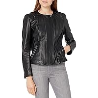 Women's Leather Collarless Jacket Real Lambskin Leather jackets Copper Moto Black And Rose Gold Butter For Womens (MEDIUM, BABY BLACK)
