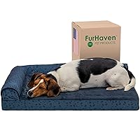 Furhaven Cooling Gel Dog Bed for Medium/Small Dogs w/ Removable Bolsters & Washable Cover, For Dogs Up to 35 lbs - Plush & Almond Print L Shaped Chaise - Blue Almonds, Medium