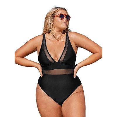 CUPSHE Women Plus Size One Piece Swimsuit V Neck Mesh