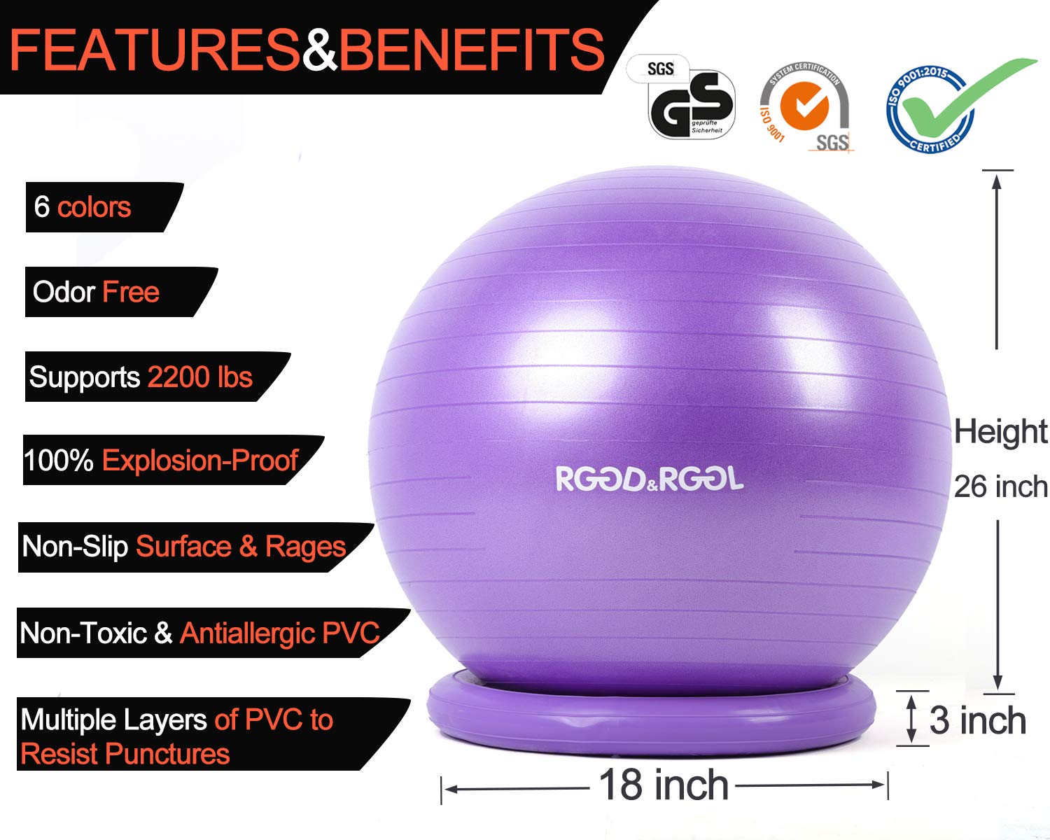 RGGD&RGGL Yoga Ball Chair, Exercise Ball with Leak-Proof Design, Stability Ring&2 Adjustable Resistance Bands for Any Fitness Level, 1.5 Times Thicker Swiss Ball for Home&Gym&Office&Pregnancy (65 cm)