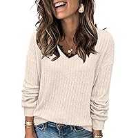 Heymiss Womens Sweaters Fall Long Sleeve Tops V Neck Lace Trim Sweatshirt Casual Tunic Tops S-2XL