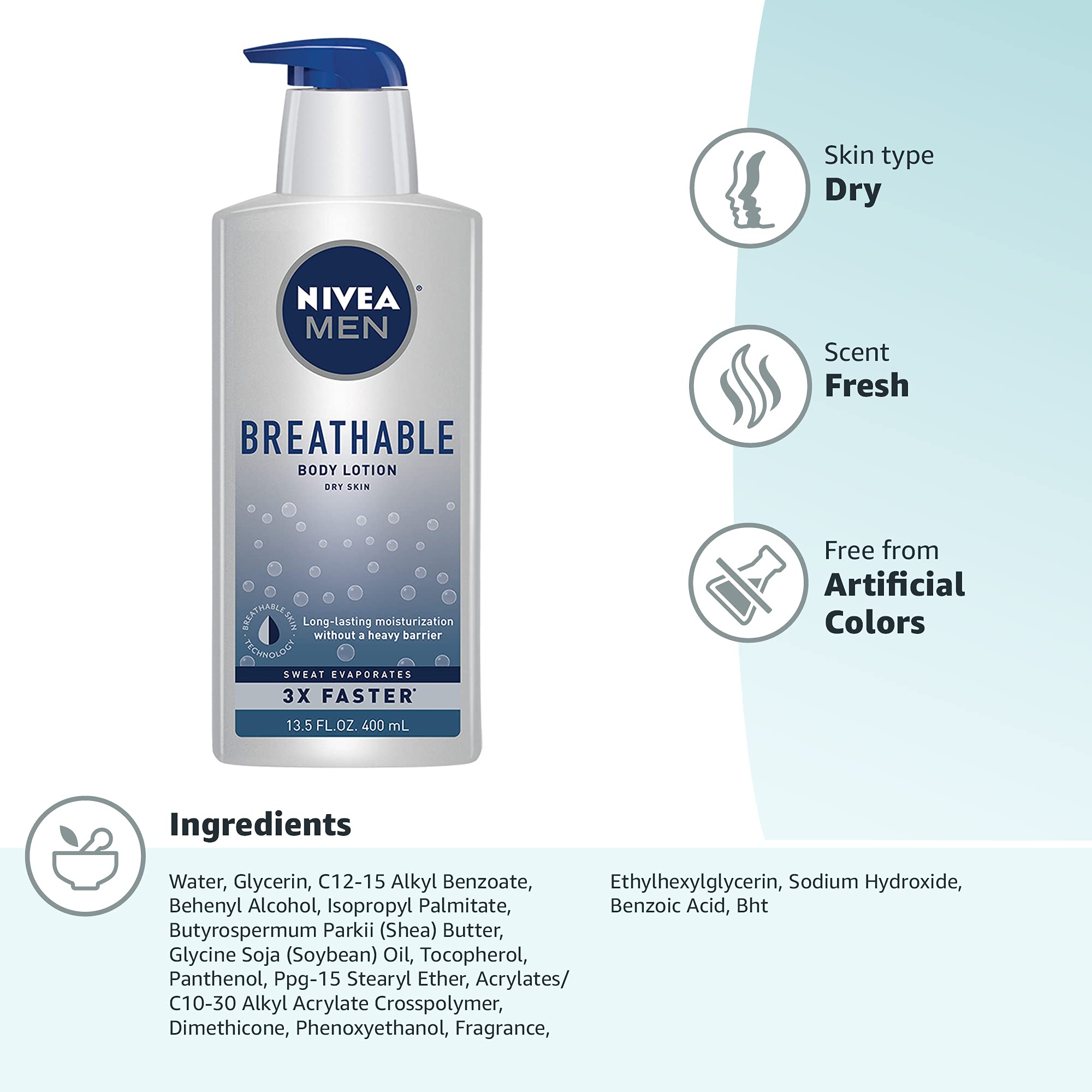 Nivea Men Breathable Body Lotion - Sweat Evaporates Faster, No Sticky Feel, Fresh Scent, Dry Skin, 13.5 Ounce