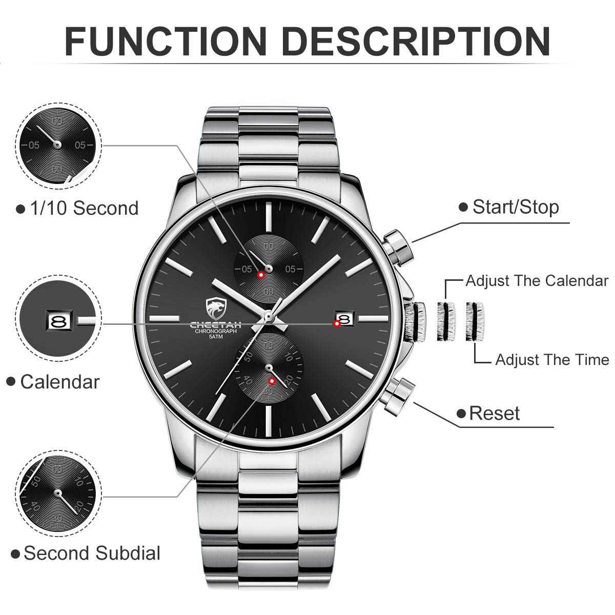 GOLDEN HOUR Fashion Business Mens Watches with Stainless Steel Waterproof Chronograph Quartz Watch for Men, Auto Date
