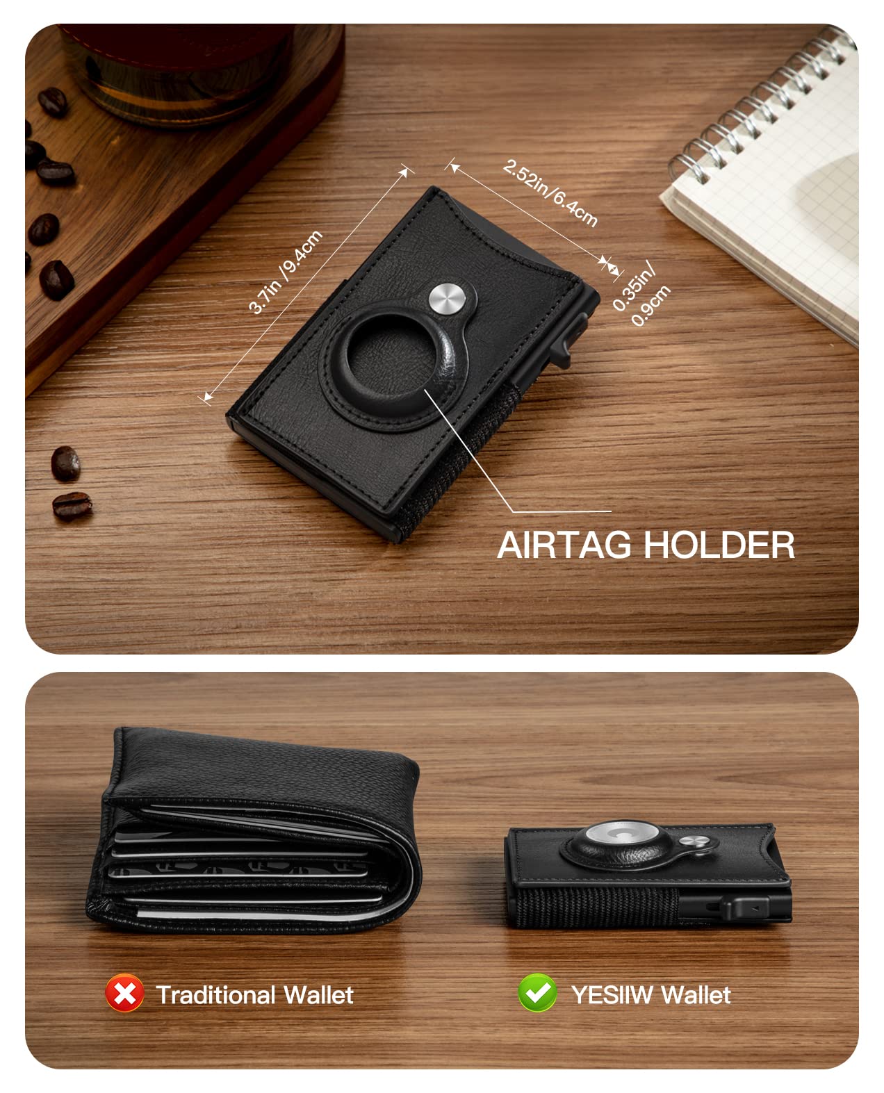 YESIIW AirTag Wallet for Men with Apple Airtag Holder RFID Blocking | Slim Pop up Air Tag Credit Card Holder with Elasitc Pocket | Smart Leather Wallet with Multi Purpose Survival Tool Black