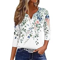 3/4 Sleeve T Shirts for Women Button Up V Neck Shirts Casual Dressy Tops Blouse Loose Summer Floral Shirts Tunic