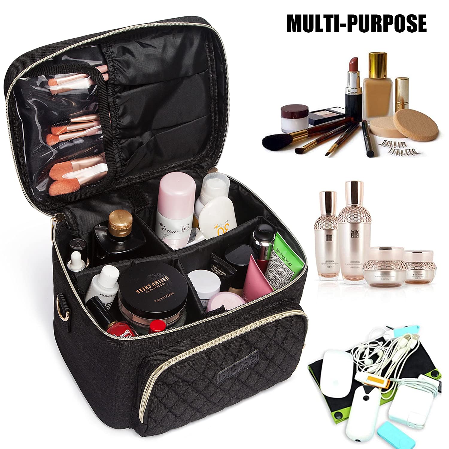 Travel Makeup Bag for Women, Scorila Large Cosmetic Case Organizer Fits Bottles Vertically, Toiletry Bag with Adjustable Dividers and Brush Holder, Portable Storage Bag with Strap for Girls, Black